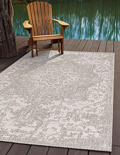 Unique Loom Jill Zarin Outdoor Collection Medallion Area Rug (9' 0 x 12' 0 Rectangular, Gray)