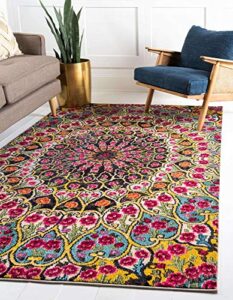 unique loom vita collection bright bohemian over-dyed circular floral patterned traditional vintage area rug, 8 ft x 10 ft, multi/yellow