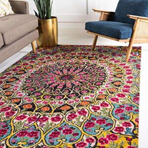 Unique Loom Vita Collection Bright Bohemian Over-Dyed Circular Floral Patterned Traditional Vintage Area Rug, 8 ft x 10 ft, Multi/Yellow