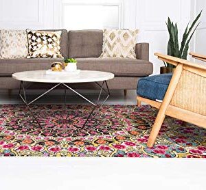 Unique Loom Vita Collection Bright Bohemian Over-Dyed Circular Floral Patterned Traditional Vintage Area Rug, 8 ft x 10 ft, Multi/Yellow