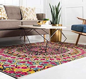 Unique Loom Vita Collection Bright Bohemian Over-Dyed Circular Floral Patterned Traditional Vintage Area Rug, 8 ft x 10 ft, Multi/Yellow