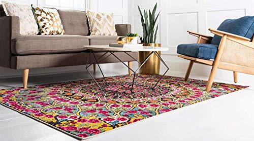 Unique Loom Vita Collection Bright Bohemian Over-Dyed Circular Floral Patterned Traditional Vintage Area Rug, 8 ft x 10 ft, Multi/Yellow