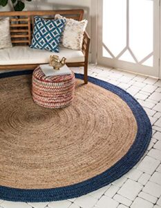 unique loom braided jute collection classic quality made natural hand woven with solid color detail area rug (8′ 0 x 8′ 0 round, natural/ navy blue)