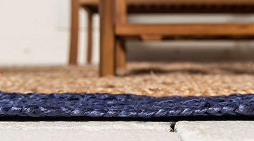 Unique Loom Braided Jute Collection Classic Quality Made Natural Hand Woven with Solid Color Detail Area Rug (8' 0 x 8' 0 Round, Natural/ Navy Blue)