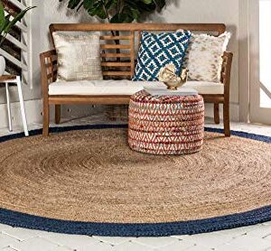 Unique Loom Braided Jute Collection Classic Quality Made Natural Hand Woven with Solid Color Detail Area Rug (8' 0 x 8' 0 Round, Natural/ Navy Blue)