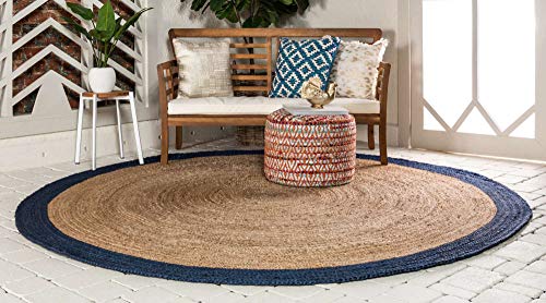 Unique Loom Braided Jute Collection Classic Quality Made Natural Hand Woven with Solid Color Detail Area Rug (8' 0 x 8' 0 Round, Natural/ Navy Blue)