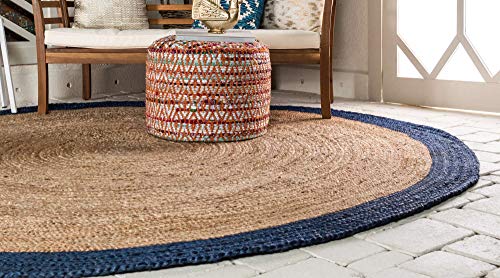 Unique Loom Braided Jute Collection Classic Quality Made Natural Hand Woven with Solid Color Detail Area Rug (8' 0 x 8' 0 Round, Natural/ Navy Blue)