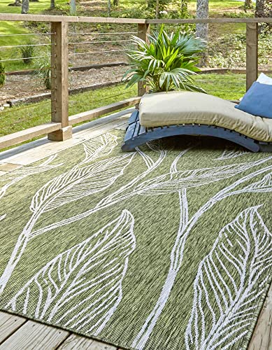 Unique Loom Collection Botanical, Coastal, Leaves, Indoor and Outdoor Area Rug, 8 ft x 11 ft 4 in, Green/Ivory