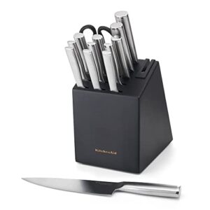 kitchenaid gourmet forged stainless steel knife block set with built-in knife sharpener, high-carbon japanese stainless steel kitchen knives, sharp kitchen knife set with block, 14 piece, black