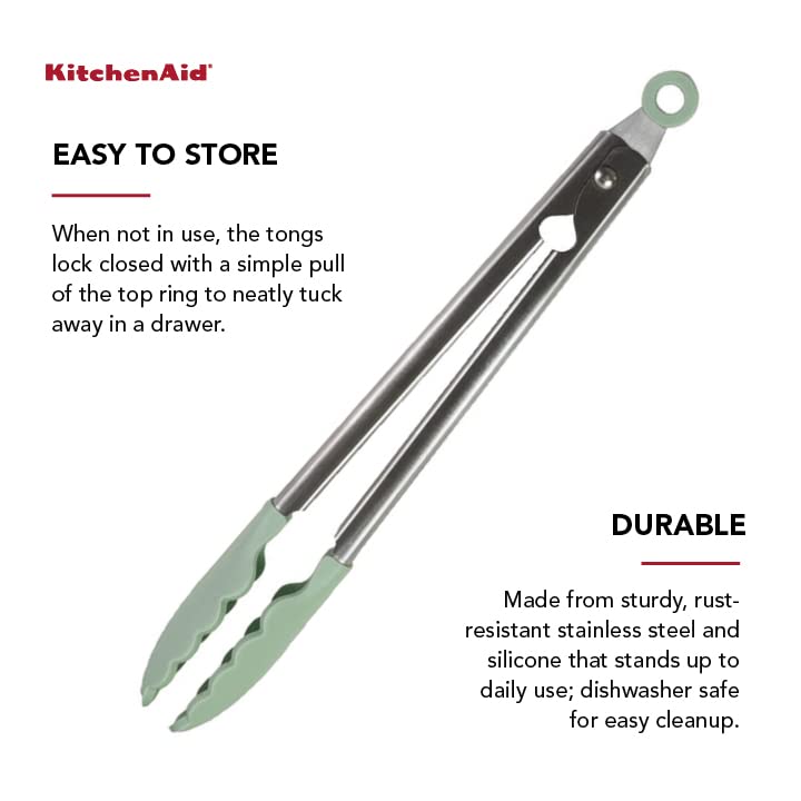 KitchenAid Gourmet Silicone-Tipped Stainless Steel Tongs, 14.5 Inch, Pistachio