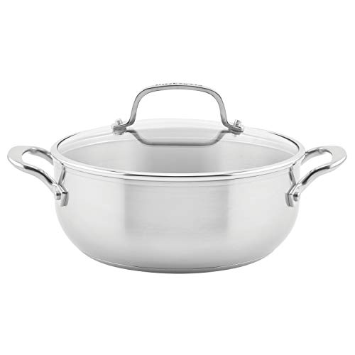 KitchenAid 3-Ply Base Brushed Stainless Steel Casserole Dish/Pan with Lid, 4 Quart