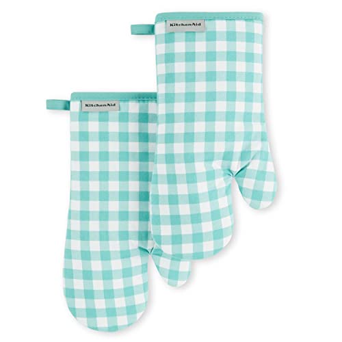 KitchenAid Gingham Oven Mitt 2-Pack Set, Aqua Sky, 7"x13"