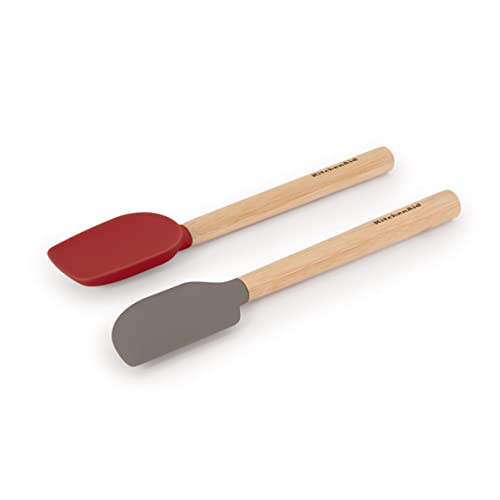 KitchenAid Bamboo Wood Handled Mini Spatula Set with Silicone Head, Set of 2, Empire Red/Gray