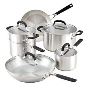 kitchenaid stainless steel cookware / pots and pans set, 10 piece, brushed stainless steel