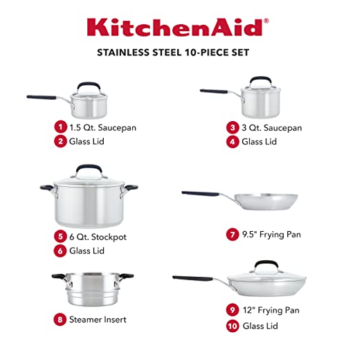 KitchenAid Stainless Steel Cookware / Pots and Pans Set, 10 Piece, Brushed Stainless Steel