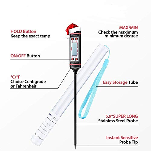 Meat Thermometer, Cooking Thermometer [5.8 Inch Long Probe] with Instant Read, LCD Screen, Hold Function for Kitchen Food Smoker Grill BBQ Meat Candy Milk Water