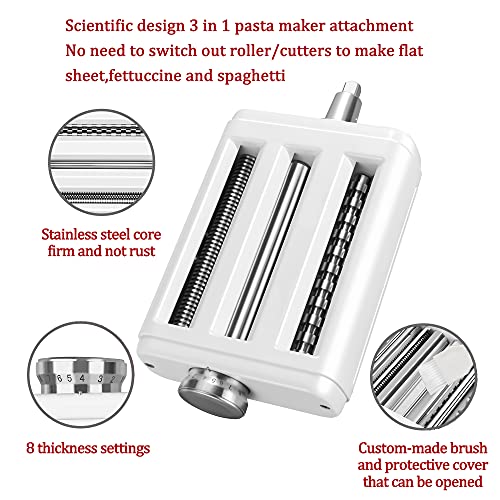 Pasta Maker Attachment for All Kitchenaid Mixers,Noodle Ravioli Maker Kitchen Aid Mixer Accessories 3 in 1 Pasta Attachments Included Pasta Roller Spaghetti Cutter Fettuccine Cutter and Cleaning Brush