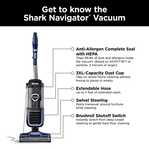 Shark NV151 Navigator Pro Complete Upright Vacuum with HEPA Filtration, Swivel Steering, Power Brush, Crevice Tool & Upholstery Tool, for Pet Hair & Multi-Surface Cleaning, Navy, 0.87 Qt. Dust Cup