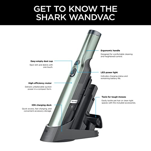Shark WV201GNBRN WANDVAC Cordless Hand Vac, Lightweight and Portable at 1.4 lbs. with Powerful Suction, Charging Dock, One-Touch Empty for Car & Home, Green, 0.08 Qt. Capacity