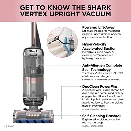 Shark AZ2002 Vertex Powered Lift-Away Upright Vacuum with DuoClean PowerFins, Self-Cleaning Brushroll, Large Dust Cup, Pet Crevice Tool, Dusting Brush & Power Brush, Silver/Rose Gold