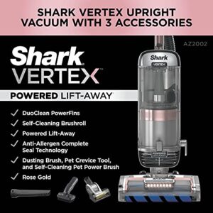 Shark AZ2002 Vertex Powered Lift-Away Upright Vacuum with DuoClean PowerFins, Self-Cleaning Brushroll, Large Dust Cup, Pet Crevice Tool, Dusting Brush & Power Brush, Silver/Rose Gold