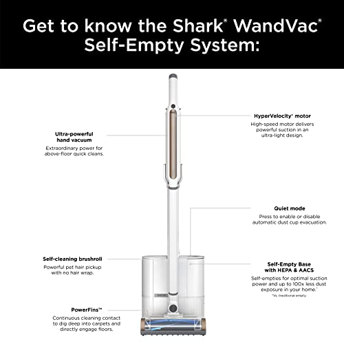 Shark WS642AE WANDVAC System, Ultra-Lightweight Powerful Cordless Stick Vacuum with HEPA Empty Base, Anti-Allergen Complete Seal, PowerFins, Self-Cleaning Brushroll & Pet Tool, White