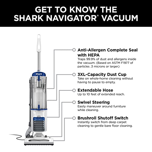 Shark NV141 Navigator Anti-Allergen Plus Upright Vacuum with HEPA Filtration, XL Large Cup Capacity, Dusting Brush, Crevice Tool & Wide Upholstery Tool for Multi-Surface Cleaning, White, 2.9 Qt