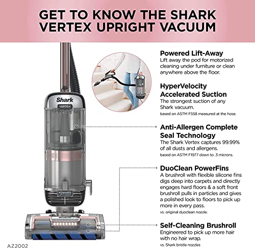 Shark AZ2000W Vertex Upright Vacuum DuoClean PowerFins Powered Lift-Away Self-Cleaning Brushroll and HEPA Filter and Active Glide Technology, 1 Quart Dust Cup Capacity, Rose Gold (Renewed)