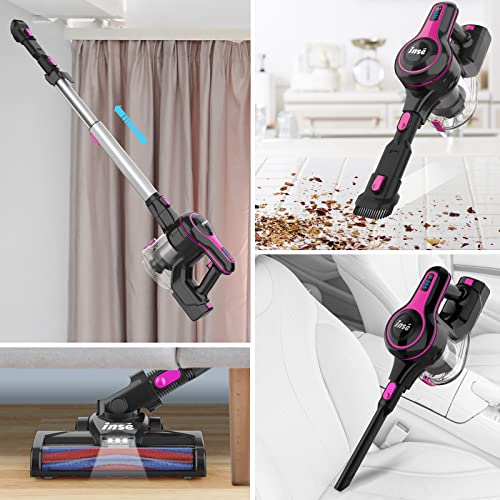 INSE Cordless Vacuum Cleaner, 6-in-1 Rechargeable Stick Vacuum with 2200 m-A-h Battery, Powerful Lightweight Vacuum Cleaner, Up to 45 Mins Runtime, for Home Hard Floor Carpet Pet Hair-N5S Coral