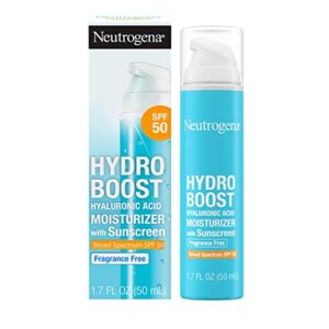 neutrogena hydro boost hyaluronic acid facial moisturizer with broad spectrum spf 50 sunscreen, daily water gel face moisturizer to hydrate & soothe dry skin, fragrance-free, 1.7 fl. oz