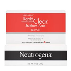 neutrogena rapid clear stubborn acne spot treatment gel with maximum strength 10% benzoyl peroxide acne treatment medication, pimple cream for acne prone skin care, 1 oz