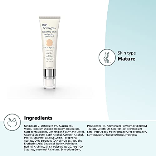 Neutrogena Healthy Skin Anti-Aging Perfector Tinted Facial Moisturizer and Retinol Treatment with Broad Spectrum SPF 20 Sunscreen with Titanium Dioxide, 20 Fair to Light, 1 fl. oz