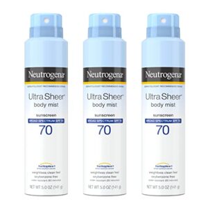neutrogena ultra sheer body mist sunscreen spray broad spectrum spf 70, lightweight, non-greasy & water resistant, oil-free & non-comedogenic uva/uvb sunscreen mist, 5 oz (pack of 3)