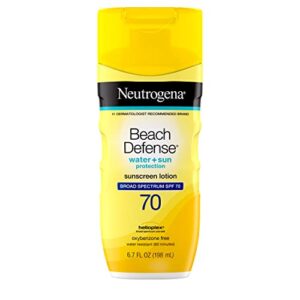 neutrogena beach defense water resistant sunscreen lotion with broad spectrum spf 70, oil-free and paba-free fast-absorbing sunscreen lotion, uva/uvb sun protection, spf 70, 6.7 oz
