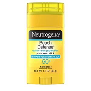 neutrogena beach defense water-resistant sunscreen stick with broad spectrum spf 50+, paba-free and oxybenzone-free, uva/uvb protection, face & body sunscreen stick, 1.5 oz