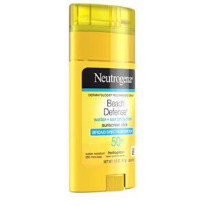 Neutrogena Beach Defense Water-Resistant Sunscreen Stick with Broad Spectrum SPF 50+, PABA-Free and Oxybenzone-Free, UVA/UVB Protection, Face & Body Sunscreen Stick, 1.5 oz