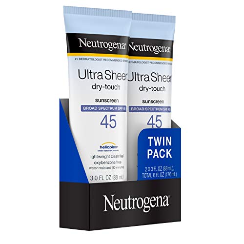 Neutrogena Ultra Sheer Dry-Touch Water Resistant and Non-Greasy Sunscreen Lotion with Broad Spectrum SPF 45, TSA-Compliant travel Size, 3 Fl Oz, Pack of 2, 6 Fl Oz