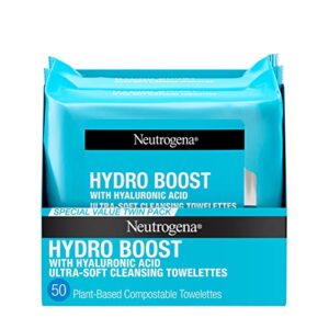 neutrogena hydroboost facial cleansing makeup remover face wipes with hyaluronic acid, hydrating & moisturizing facial towelettes remove dirt & makeup, 100% plant-based fibers, 2 x 25 ct