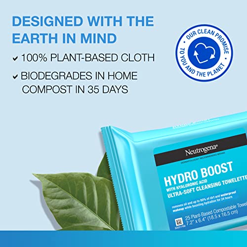 Neutrogena HydroBoost Facial Cleansing Makeup Remover Face Wipes with Hyaluronic Acid, Hydrating & Moisturizing Facial Towelettes Remove Dirt & Makeup, 100% Plant-Based Fibers, 2 x 25 ct