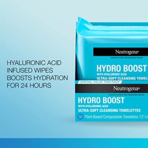 Neutrogena HydroBoost Facial Cleansing Makeup Remover Face Wipes with Hyaluronic Acid, Hydrating & Moisturizing Facial Towelettes Remove Dirt & Makeup, 100% Plant-Based Fibers, 2 x 25 ct