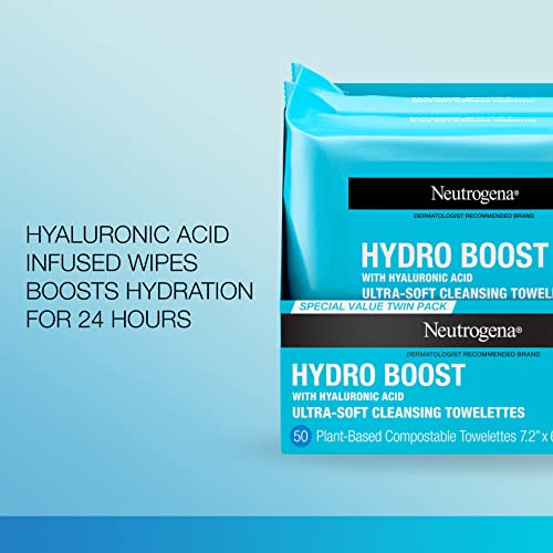 Neutrogena HydroBoost Facial Cleansing Makeup Remover Face Wipes with Hyaluronic Acid, Hydrating & Moisturizing Facial Towelettes Remove Dirt & Makeup, 100% Plant-Based Fibers, 2 x 25 ct