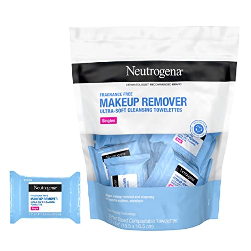 Neutrogena Fragrance-Free Makeup Remover Cleansing Towelette Singles, Individually-Wrapped Daily Face Wipes to Remove Dirt, Oil, Makeup & Waterproof Mascara for Travel & On-the-Go, 20 ct (Pack of 6)