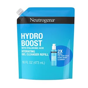 neutrogena hydro boost lightweight hydrating facial cleansing gel, gentle face wash & makeup remover with hyaluronic acid, hypoallergenic & non comedogenic, refill pouch, 16 fl. oz
