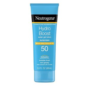 neutrogena hydro boost moisturizing water gel sunscreen lotion with broad spectrum spf 50, water-resistant & non-greasy hydrating sunscreen lotion, oil-free, 3 fl. oz (pack of 3)