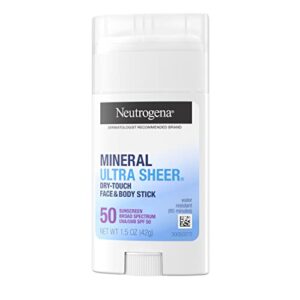 Neutrogena Ultra Sheer Dry Touch SPF 50 Mineral Sunscreen Stick for Sensitive Skin, Face & Body Sunscreen with Zinc Oxide & Vitamin E, No White Residue, Non-Comedogenic & Vegan, 1.5 oz