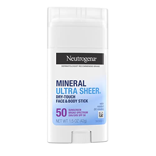 Neutrogena Ultra Sheer Dry Touch SPF 50 Mineral Sunscreen Stick for Sensitive Skin, Face & Body Sunscreen with Zinc Oxide & Vitamin E, No White Residue, Non-Comedogenic & Vegan, 1.5 oz