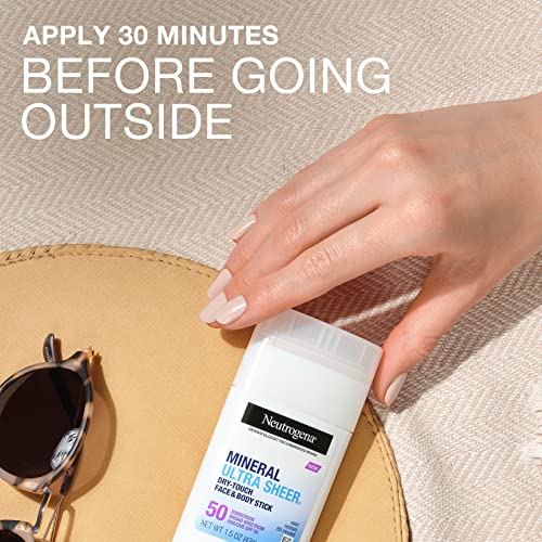 Neutrogena Ultra Sheer Dry Touch SPF 50 Mineral Sunscreen Stick for Sensitive Skin, Face & Body Sunscreen with Zinc Oxide & Vitamin E, No White Residue, Non-Comedogenic & Vegan, 1.5 oz