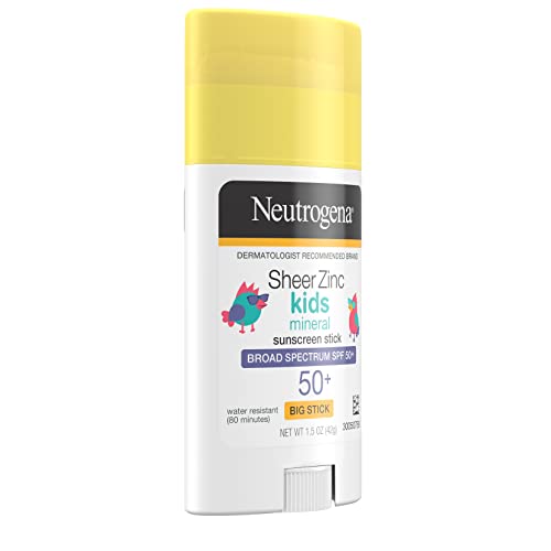 Neutrogena Sheer Zinc Oxide Kids Mineral Sunscreen Stick, Broad Spectrum SPF 50+ & UVA/UVB Protection & Water Resistant with Residue-Free, No-Mess Application, Oil- & Paraben-Free, 1.5 oz