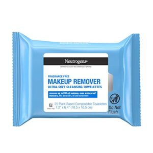 neutrogena fragrance-free makeup remover face wipes, daily facial cleansing towelettes for waterproof makeup, dirt & oil, gentle, alcohol- & fragrance free, 100% plant-based fibers, 25 ct