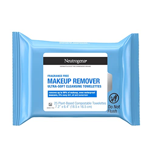 Neutrogena Fragrance-Free Makeup Remover Face Wipes, Daily Facial Cleansing Towelettes for Waterproof Makeup, Dirt & Oil, Gentle, Alcohol- & Fragrance Free, 100% Plant-Based Fibers, 25 ct